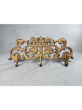 Ornate Gold Wall Decor With 3 Hooks Cast Metal Decorative Fleur-De-Lis Design